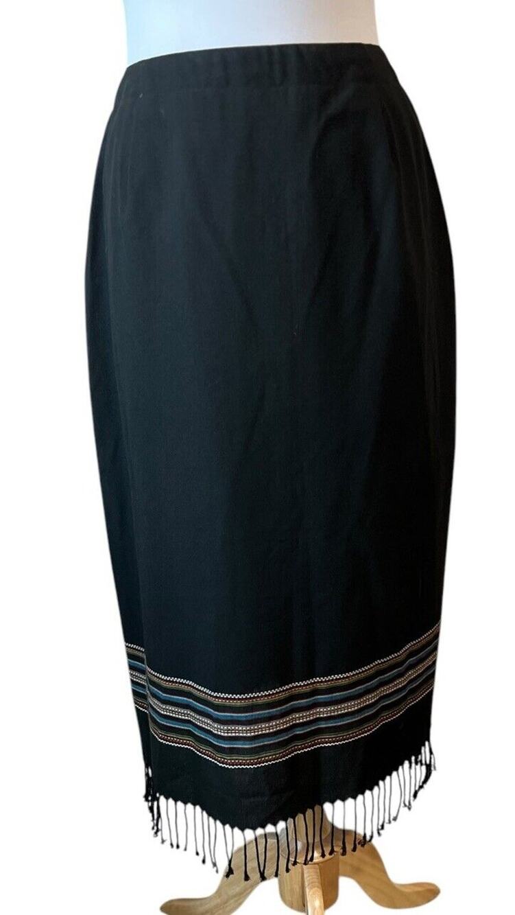MICHELE Womens 10P Black Southwestern Fringe Hem Midi Skirt Vtg 90s USA Made